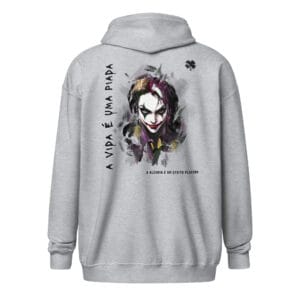 Lifes A Joke Unisex Heavy Blend Zip Hoodie with a colorful female joker and four-leaf clover design.