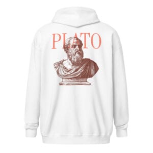 Plato Unisex Heavy Blend Zip Hoodie with a classical Plato bust and pink "PLATO" text.