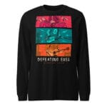 Unisex long sleeve tee featuring a comic-inspired DEFEATING EXES design with bold, retro rock energy