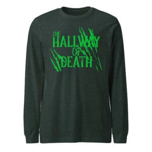 Unisex long sleeve tee featuring The Hallway of Death dark-themed design