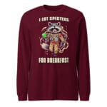 I Eat Specters for Breakfast Long Sleeve Tee featuring a quirky raccoon design.