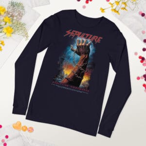 Unisex long sleeve tee featuring a SEPULTURA heavy metal-inspired design with a chained demonic hand and lightning