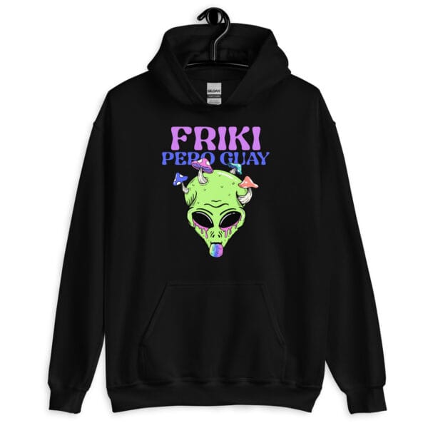 Friki Pero Guay Unisex Hoodie in heavy front view with alien graphic.