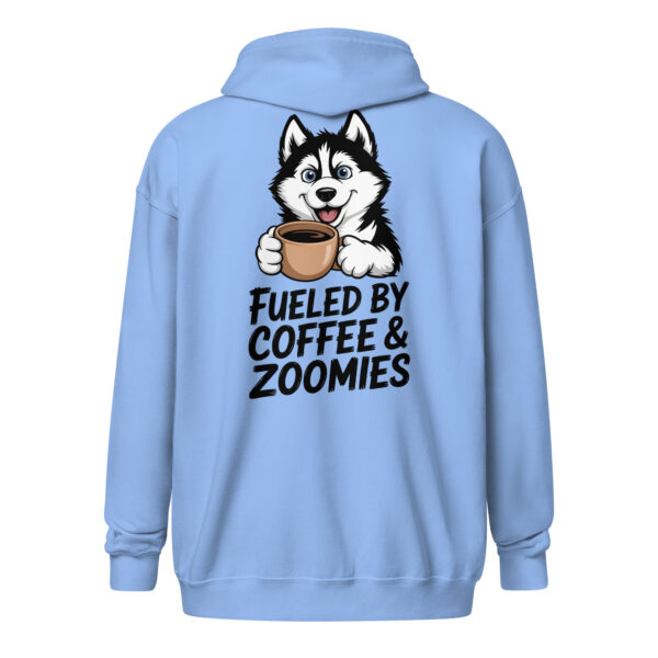 Fueled by Coffee & Zoomies (Back Print) | Funny Husky Back Print Zip Hoodie – Unisex Zip Hoodie