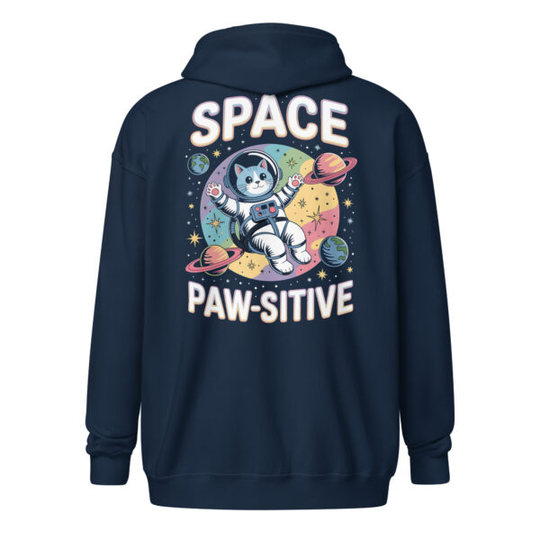 Space Paw-sitive (Back Print) | Cosmic Cat Adventure – Unisex Zip Hoodie