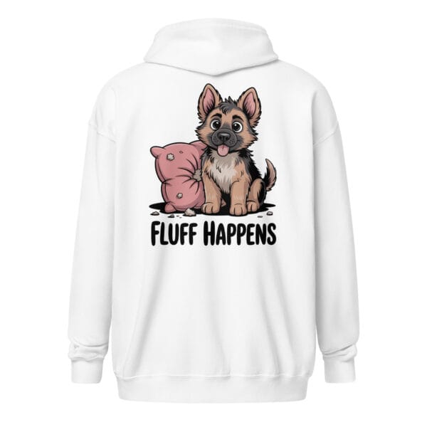 Fluff Happens (Back Print) | Mischievous GSD Puppy – Unisex Zip Hoodie