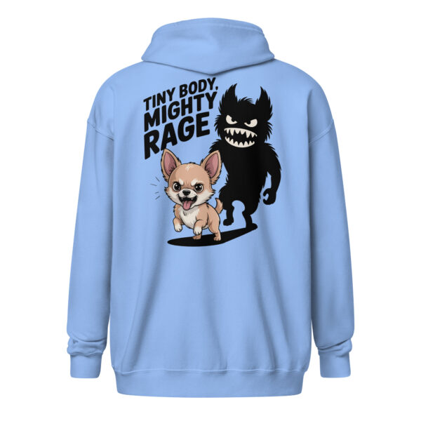 "Tiny Body, Mighty Rage" Dog Hoodie (Back Print) – Unisex zip hoodie