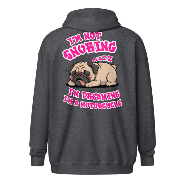 Funny Snoring Pug Motorcycle Dream (Back Print) – Unisex Zip Hoodie