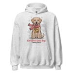 Cheerful Labrador wearing a red and white scarf and a Good Boy medal on a winter unisex hoodie for dog moms and dads