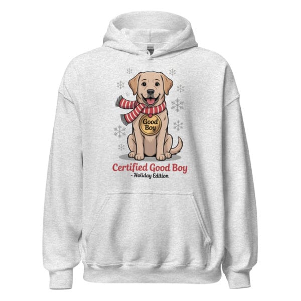 Cheerful Labrador wearing a red and white scarf and a Good Boy medal on a winter unisex hoodie for dog moms and dads