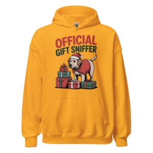 Cheerful Labrador in a Santa hat and coat with Official Gift Sniffer text on a unique back print zip hoodie for dog moms and dads