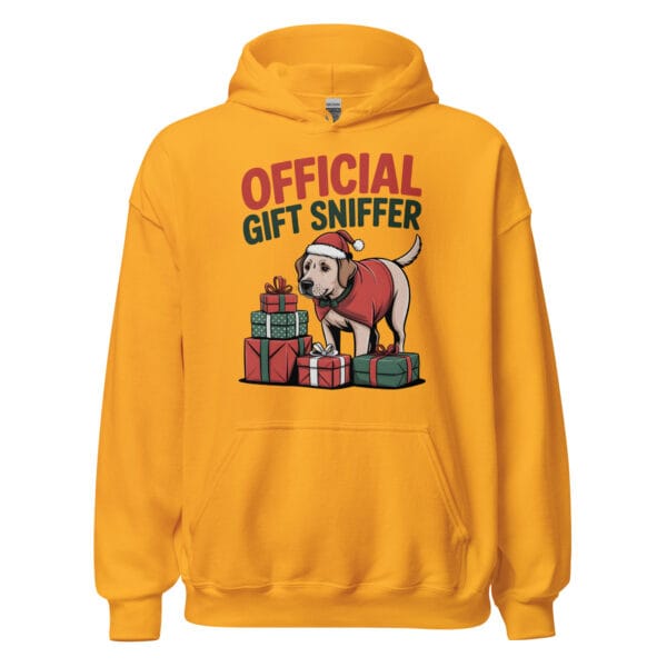 Cheerful Labrador in a Santa hat and coat with Official Gift Sniffer text on a unique back print zip hoodie for dog moms and dads