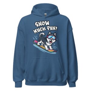 Cheerful Siberian Husky with goggles snowboarding with Snow Much Fun text on a winter unisex hoodie for dog moms and dads