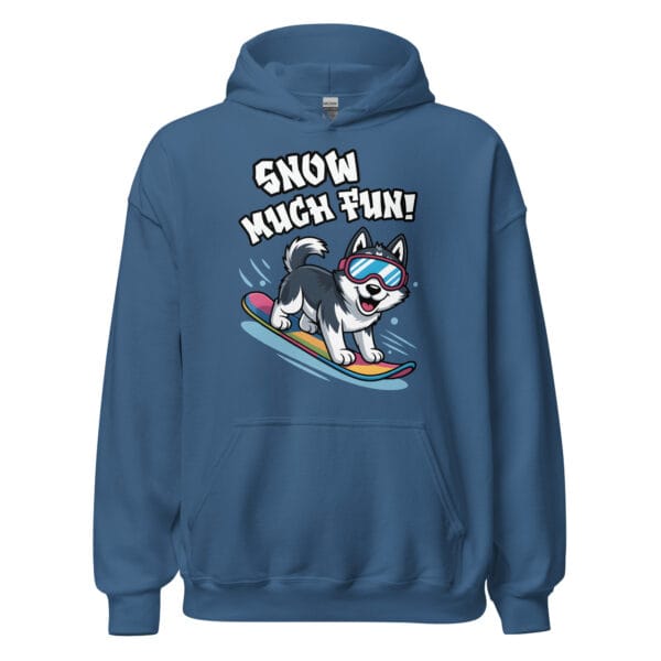 Cheerful Siberian Husky with goggles snowboarding with Snow Much Fun text on a winter unisex hoodie for dog moms and dads