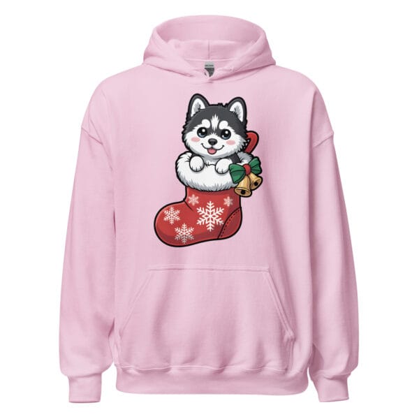 Adorable chibi Siberian Husky puppy peeking out of a Christmas stocking on a pink unisex hoodie for dog moms and dads