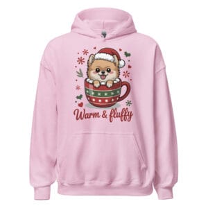 Adorable Pomeranian puppy tucked into a hot chocolate mug with Warm and Fluffy text on a unisex hoodie gift for dog moms and dads