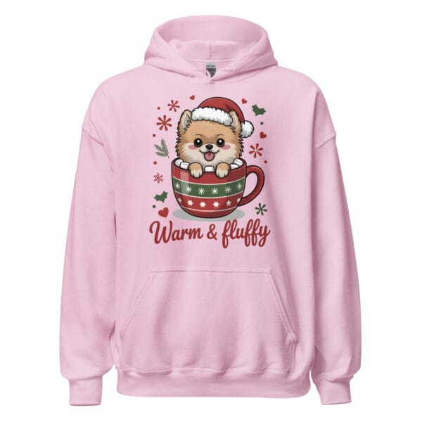 Adorable Pomeranian puppy tucked into a hot chocolate mug with Warm and Fluffy text on a unisex hoodie gift for dog moms and dads