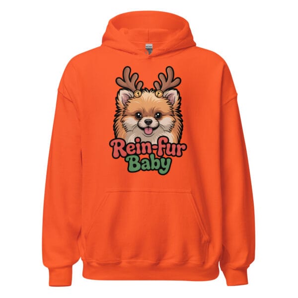 Smiling Pomeranian puppy wearing reindeer antlers with Rein-fur Baby text on a festive unisex hoodie for dog moms and dads