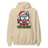 Cheerful Siberian Husky puppy wearing a Santa hat and scarf with Merry Woofmas text on a cream color unisex hoodie for dog moms and dads
