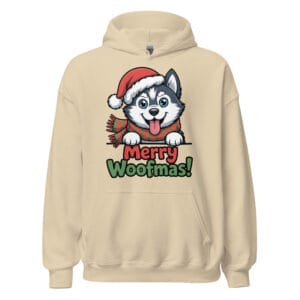 Cheerful Siberian Husky puppy wearing a Santa hat and scarf with Merry Woofmas text on a cream color unisex hoodie for dog moms and dads