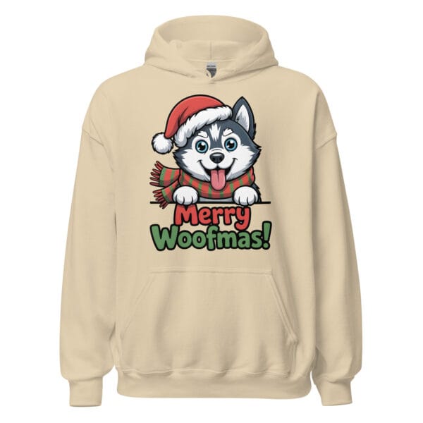 Cheerful Siberian Husky puppy wearing a Santa hat and scarf with Merry Woofmas text on a cream color unisex hoodie for dog moms and dads