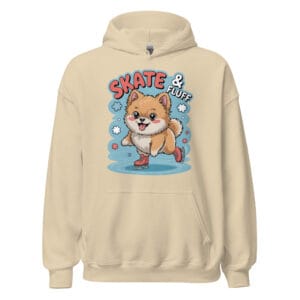 Adorable Pomeranian dog gliding on ice skates with Skate & Fluff text on a winter unisex hoodie for dog moms and dads