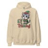 Cheerful grey kitten dressed in a full Christmas elf costume with hat and bell on a unisex hoodie for cat moms and dads