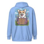 Corgi zip hoodie back print illustration of happy dog peeking over floral fence