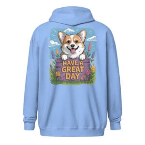 Corgi zip hoodie back print illustration of happy dog peeking over floral fence