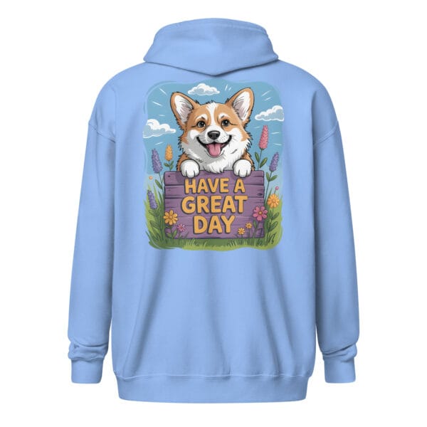 Corgi zip hoodie back print illustration of happy dog peeking over floral fence