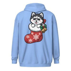 Adorable chibi Siberian Husky puppy peeking out of a Christmas stocking on a unique back print zip hoodie for dog moms and dads