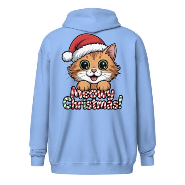 Festive ginger kitten wearing a cozy Santa hat with Meowy Christmas holiday pun on a unique back print zip hoodie for cat moms and dads