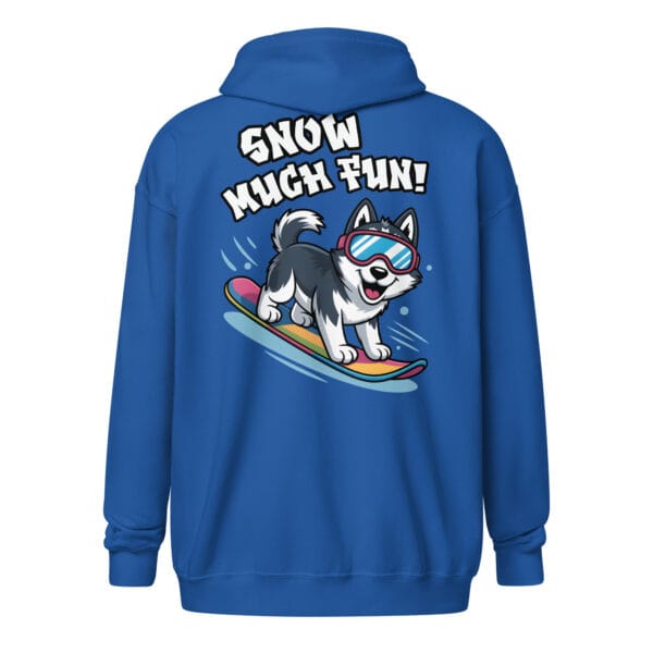 Cheerful Siberian Husky with goggles snowboarding with Snow Much Fun text on a unique back print zip hoodie for dog moms and dads