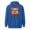 Cheerful Pomeranian puppy wearing reindeer antlers with Rein-fur Baby text on a zip hoodie for dog moms and dads