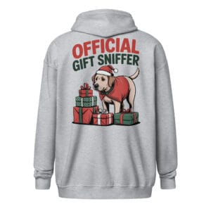 Labrador in a Santa hat and coat with Official Gift Sniffer text on a back print zip hoodie for dog moms and dads