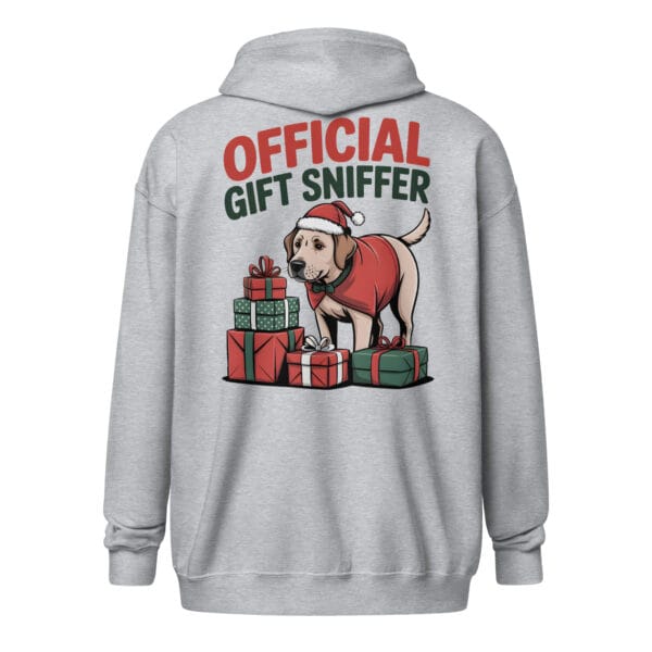 Labrador in a Santa hat and coat with Official Gift Sniffer text on a back print zip hoodie for dog moms and dads