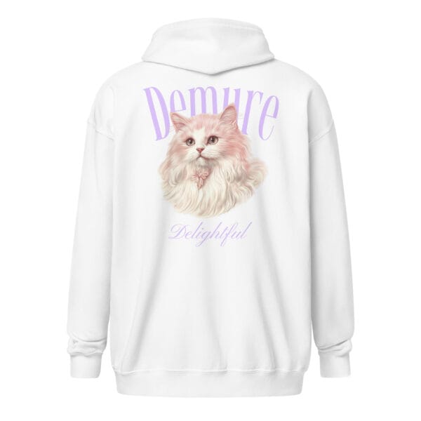 "Demure Delightful" Cat (Back Print) – Unisex zip hoodie