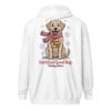 Labrador dog wearing a red and white scarf and Good Boy medal on an original back print zip hoodie for dog moms and dads