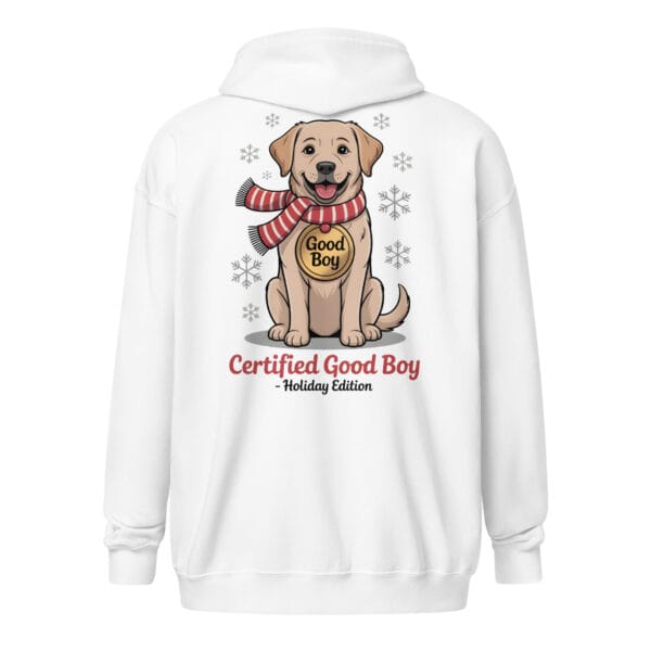 Labrador dog wearing a red and white scarf and Good Boy medal on an original back print zip hoodie for dog moms and dads