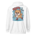 Adorable Pomeranian dog gliding on ice skates with Skate & Fluff text on a unique back print zip hoodie for dog moms and dads