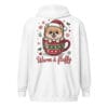 Adorable Pomeranian puppy tucked into a hot chocolate mug with Warm and Fluffy text on a unique back print zip hoodie for dog moms and dads