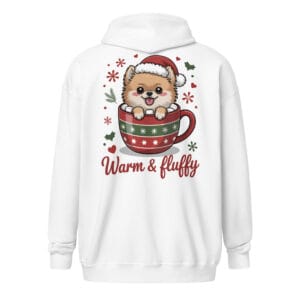 Adorable Pomeranian puppy tucked into a hot chocolate mug with Warm and Fluffy text on a unique back print zip hoodie for dog moms and dads