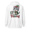 Cheerful kitten dressed in a Christmas elf costume on a unique back print zip hoodie for cat moms and dads