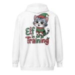 Cheerful kitten dressed in a Christmas elf costume on a unique back print zip hoodie for cat moms and dads