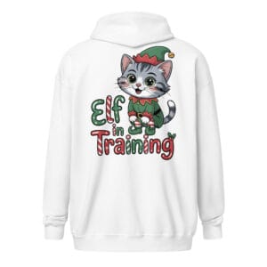 Cheerful kitten dressed in a Christmas elf costume on a unique back print zip hoodie for cat moms and dads