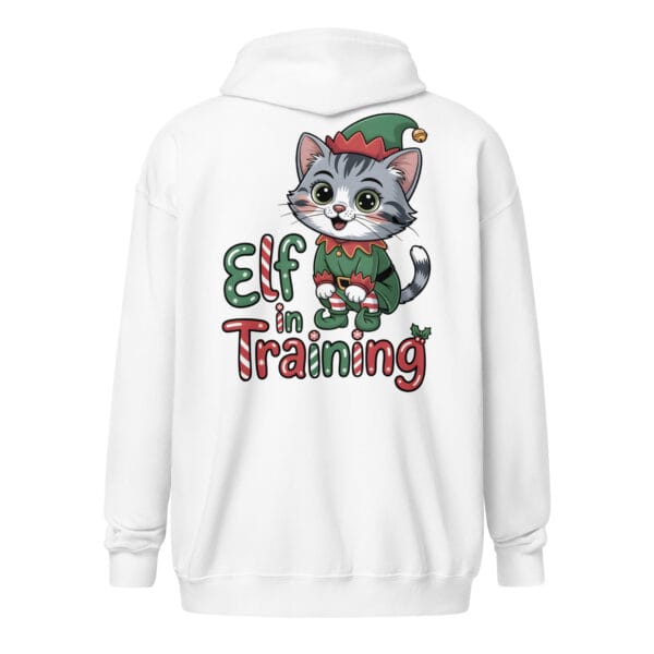 Cheerful kitten dressed in a Christmas elf costume on a unique back print zip hoodie for cat moms and dads