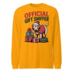 Cheerful Labrador wearing a Santa hat and coat with Official Gift Sniffer text on a long sleeve tee for dog moms and dads