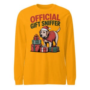 Cheerful Labrador wearing a Santa hat and coat with Official Gift Sniffer text on a long sleeve tee for dog moms and dads