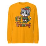 Cheerful kitten dressed in a full Christmas elf costume with hat and bell on a long sleeve tee for cat moms and dads