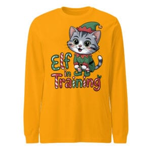 Cheerful kitten dressed in a full Christmas elf costume with hat and bell on a long sleeve tee for cat moms and dads